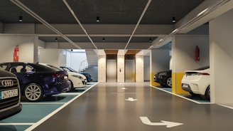 Modern underground parking garage with parked cars and elevators