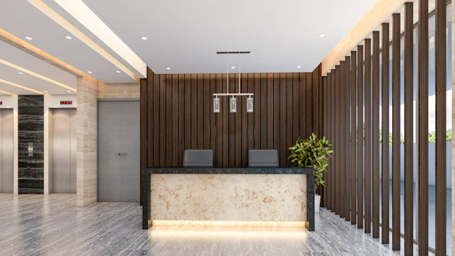 Slatted Timber Lift Lobby — commercial reception interior design