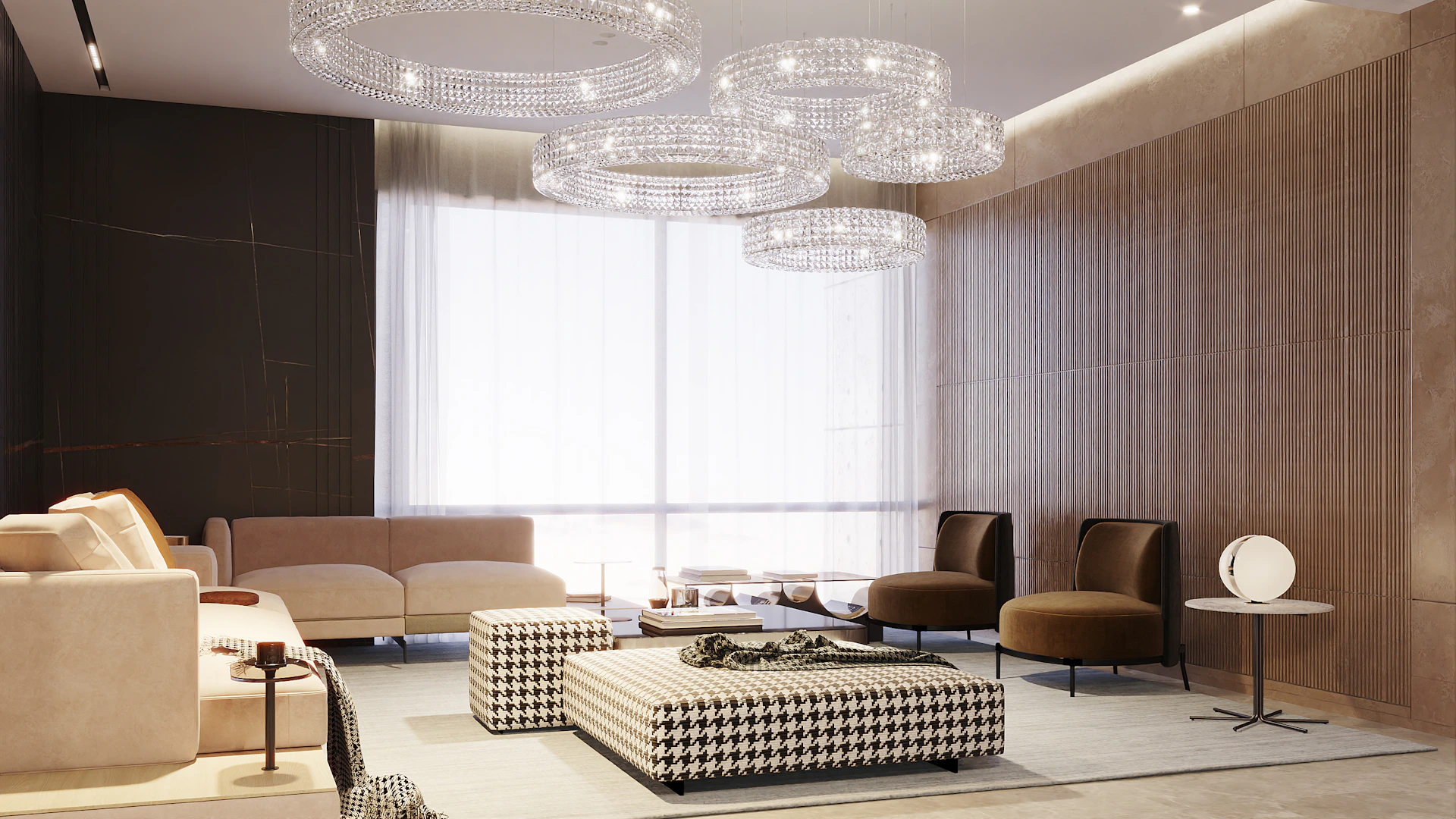 Modern living room with elegant chandeliers and comfortable seating.