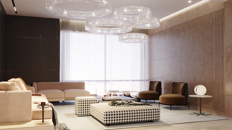 Elegant staged living room with chandelier