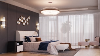 Luxurious bedroom with modern decor and large windows.