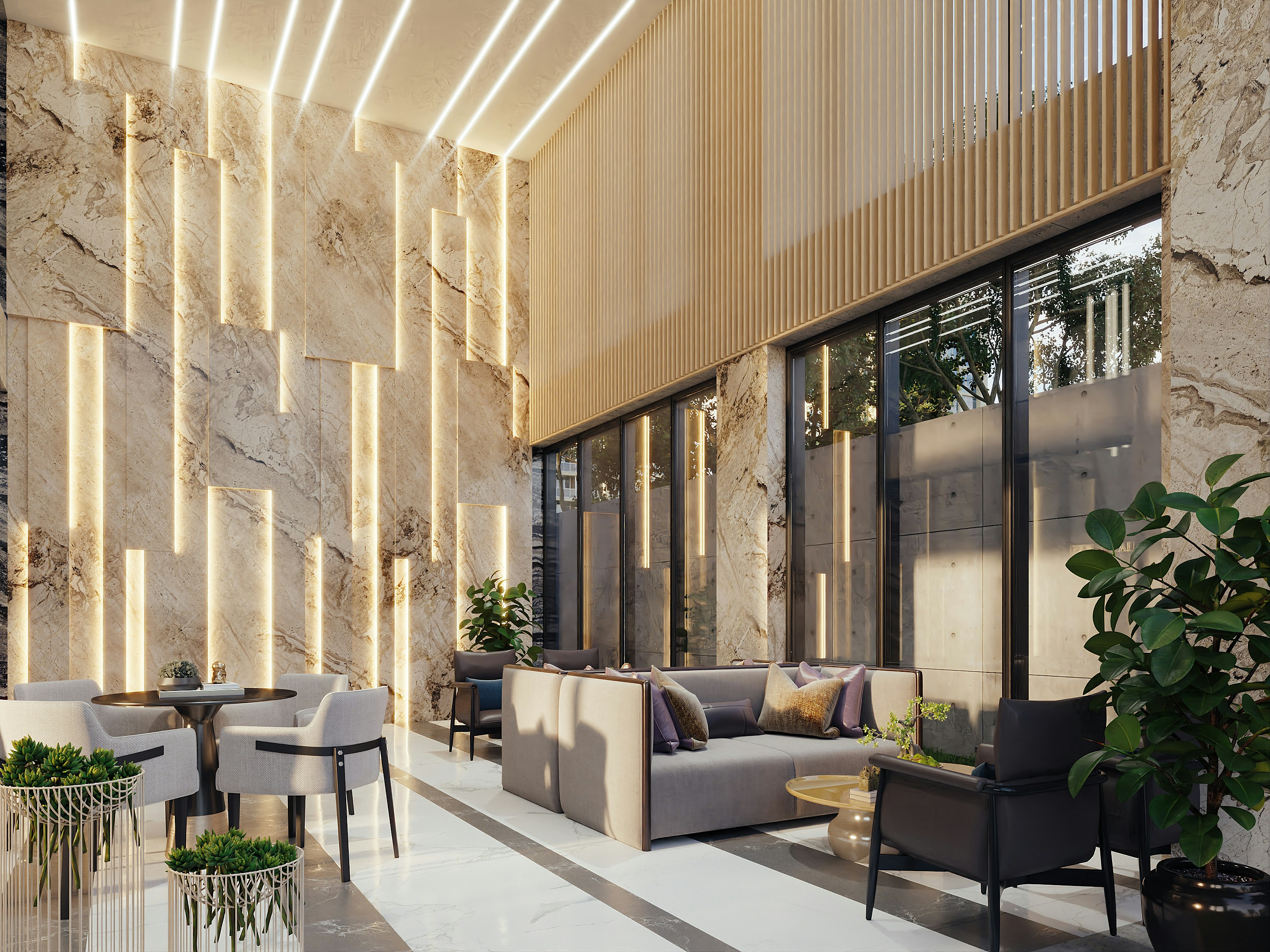 ውብ የቤት ዕቃዎች ያሉት የሚያምር የሆቴል ሎቢ