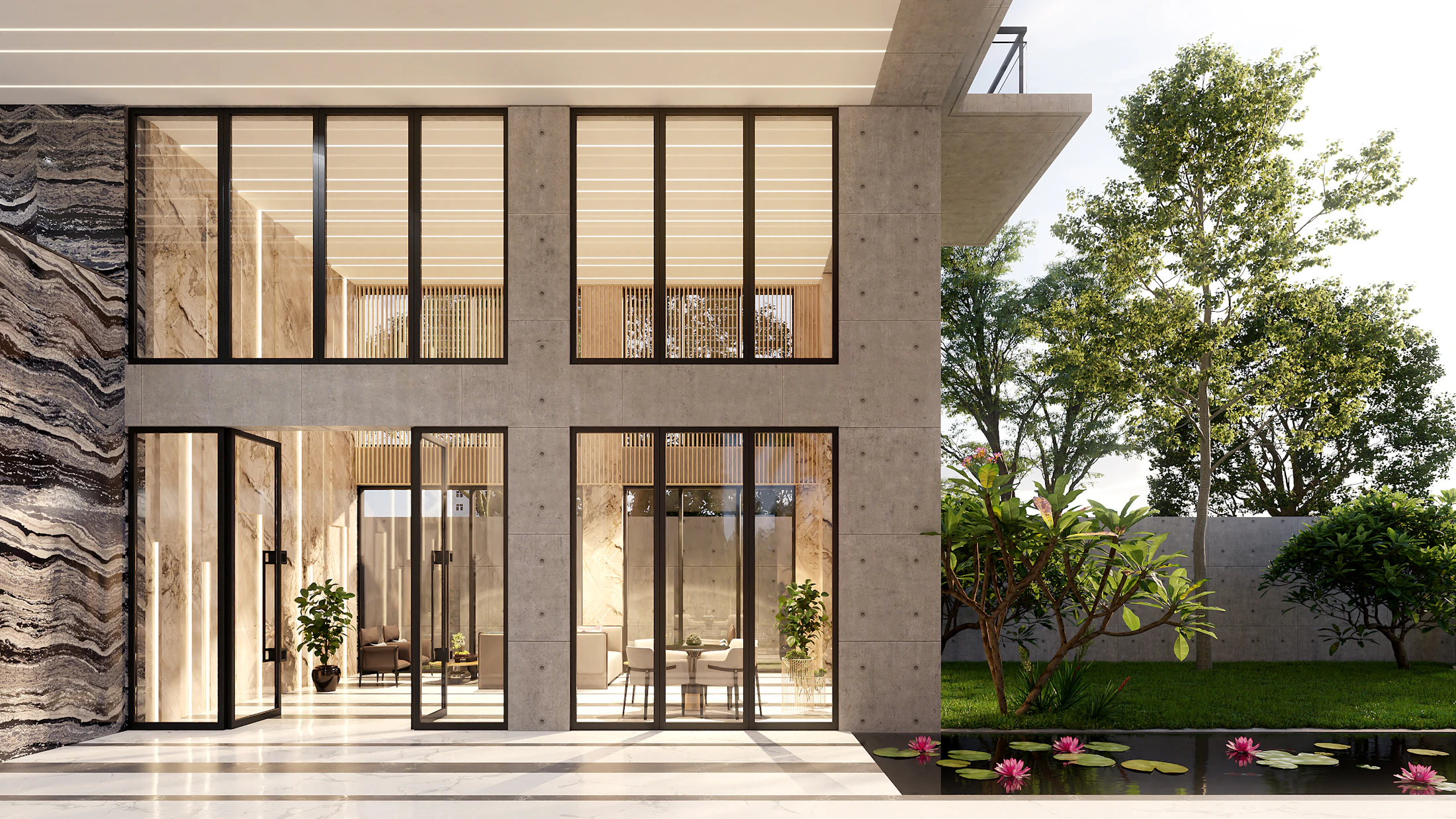 Sodobna hiša z velikimi steklenimi površinami in mirnim vrtom.