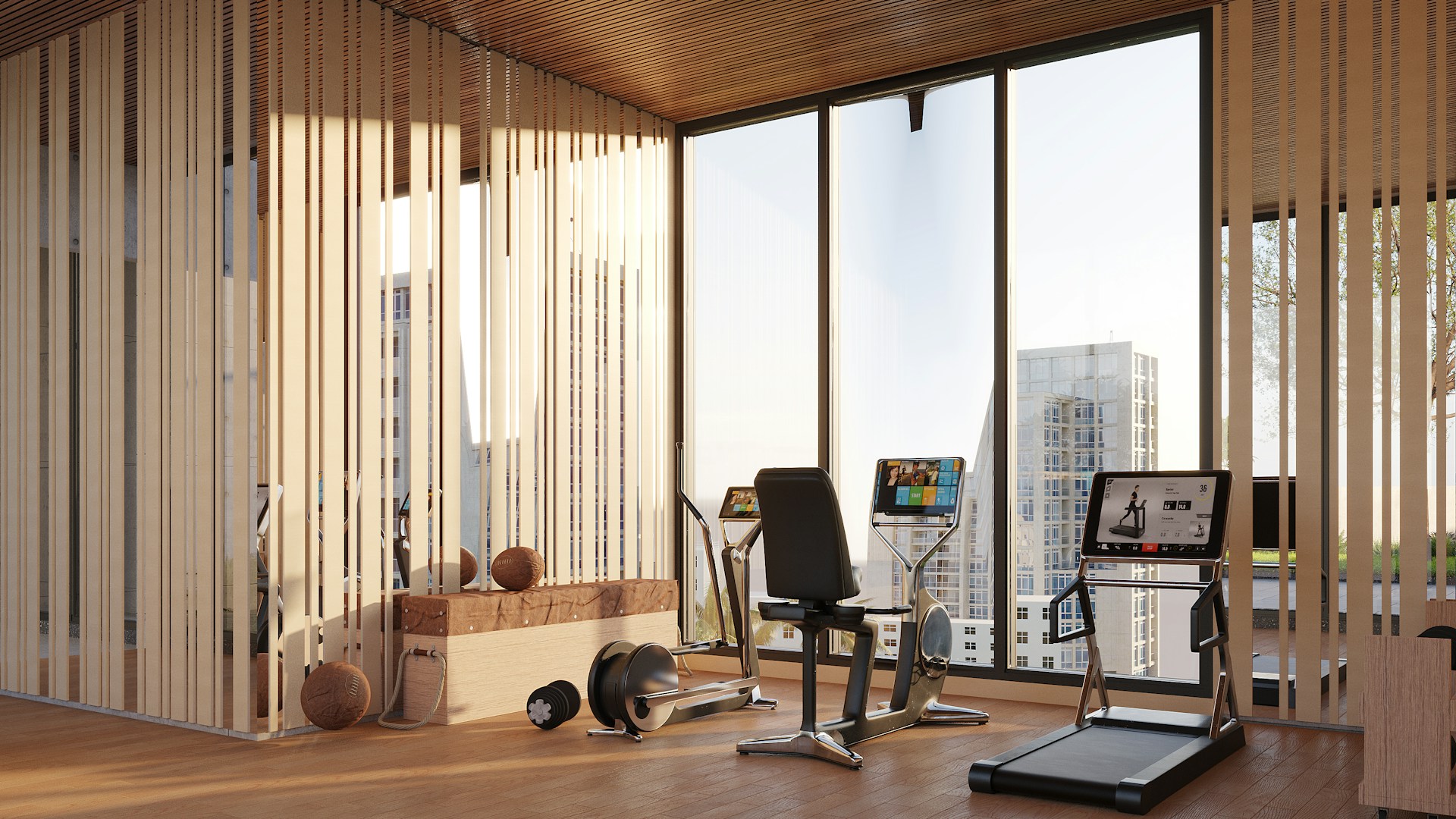Modern gym with exercise equipment and city view