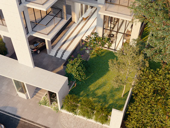 Modern building with a green lawn and trees.