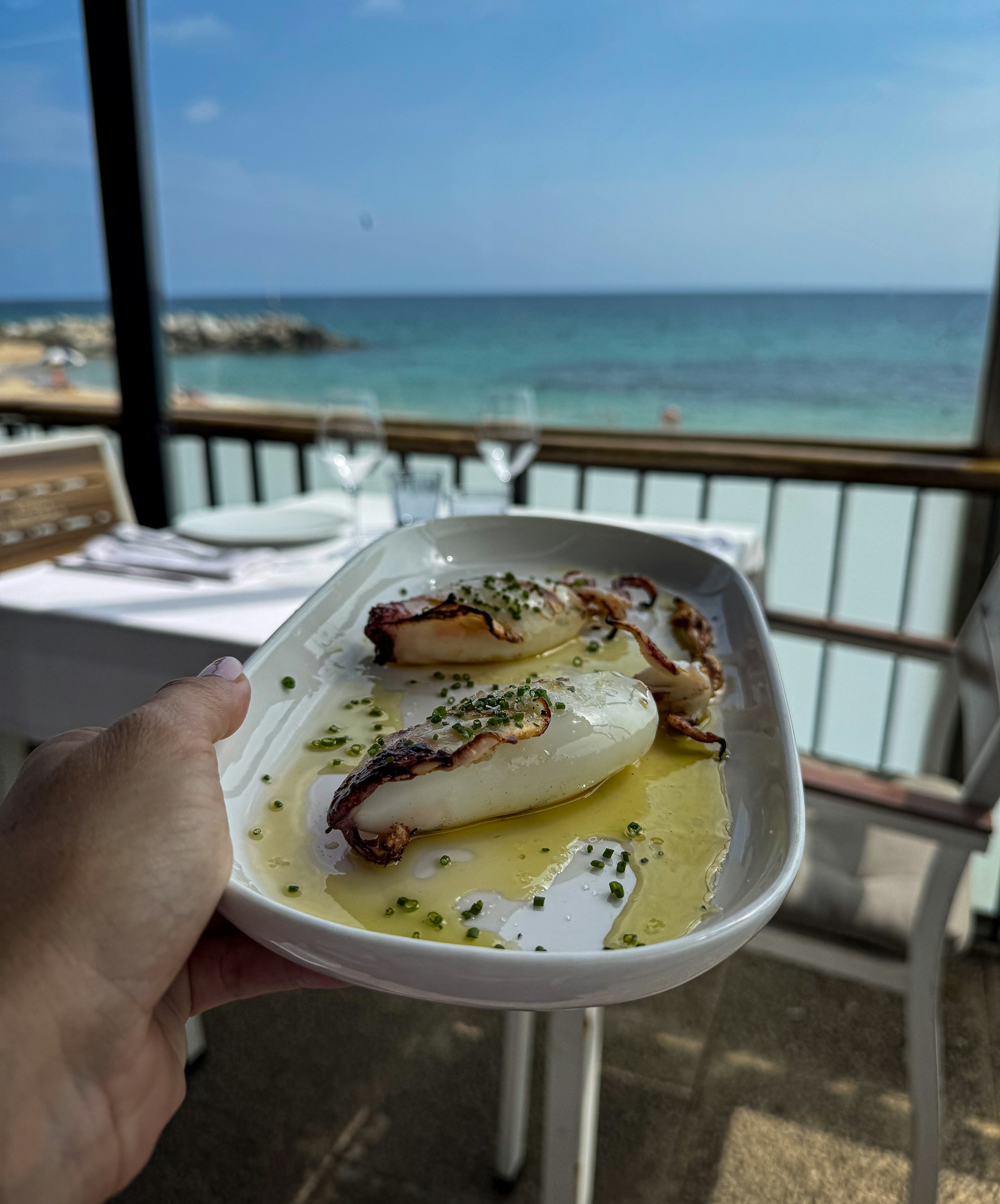 Grilled calamari served with herbs and oil by the sea.