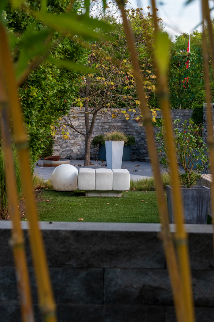 Modern garden design with a contemporary outdoor seating area and clean geometric planting