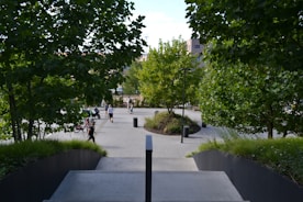 People walking and jogging in a modern urban park.