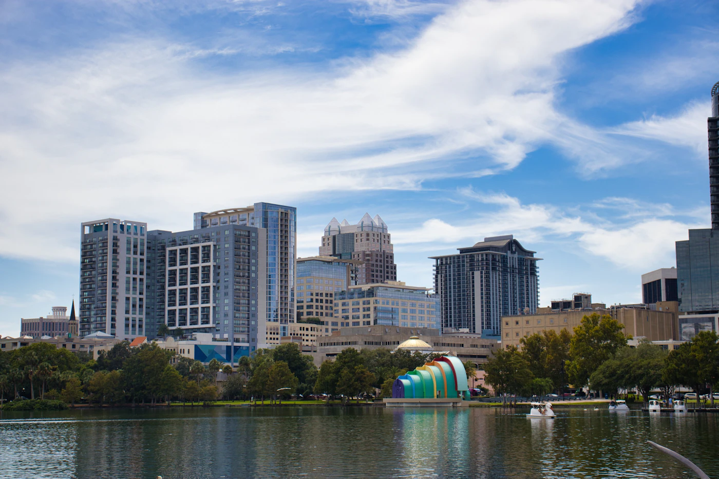 Orlando skyline over a lake under a blue sky