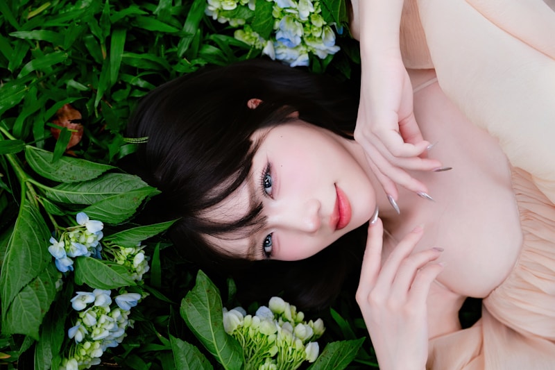 Romantic Japanese beauty among flowers