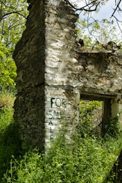 Ruins of an old stone building with 'for sale' sign.