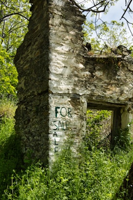 Ruins of an old stone building with 'for sale' sign.