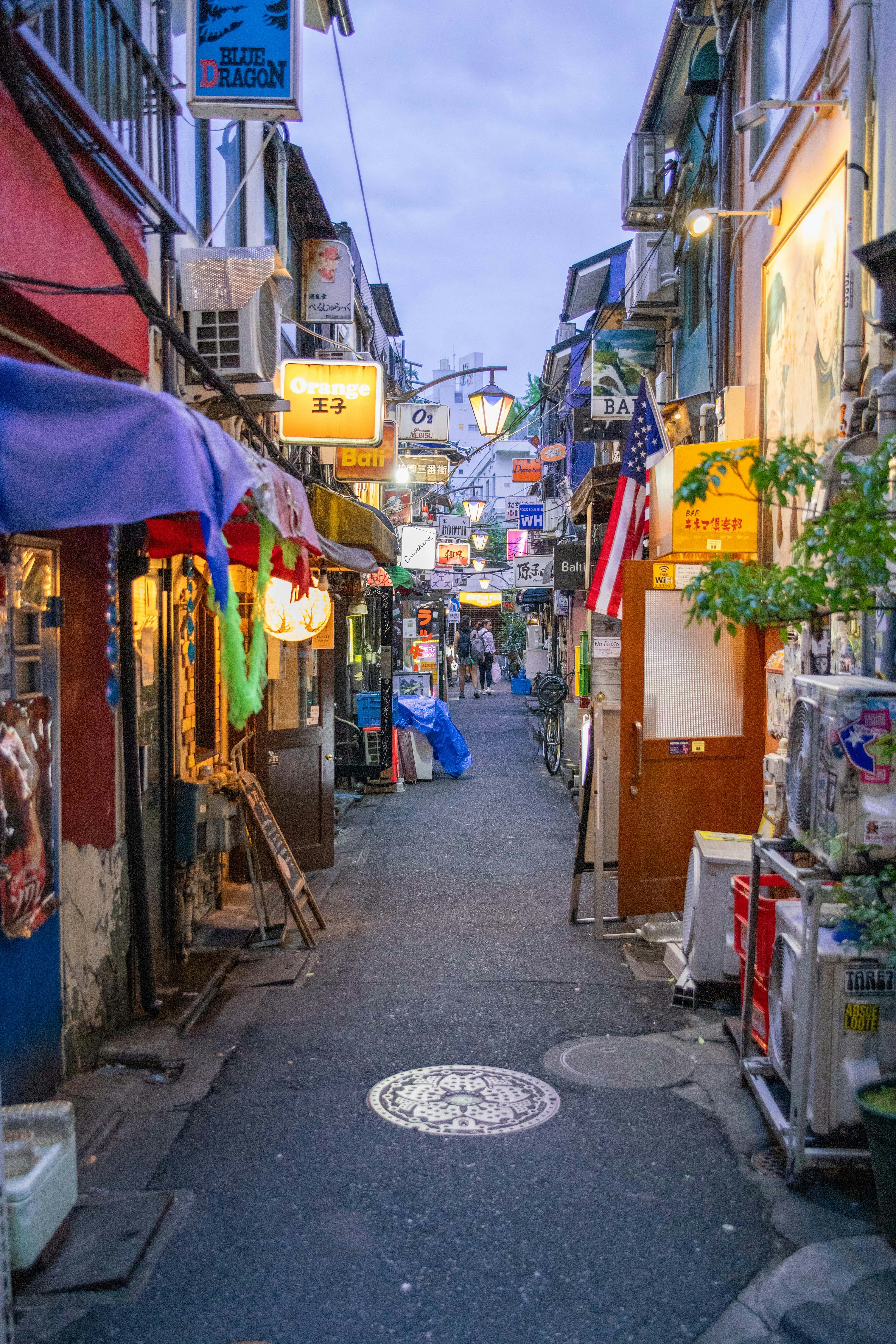 Narrow street with shops and signs at dusk