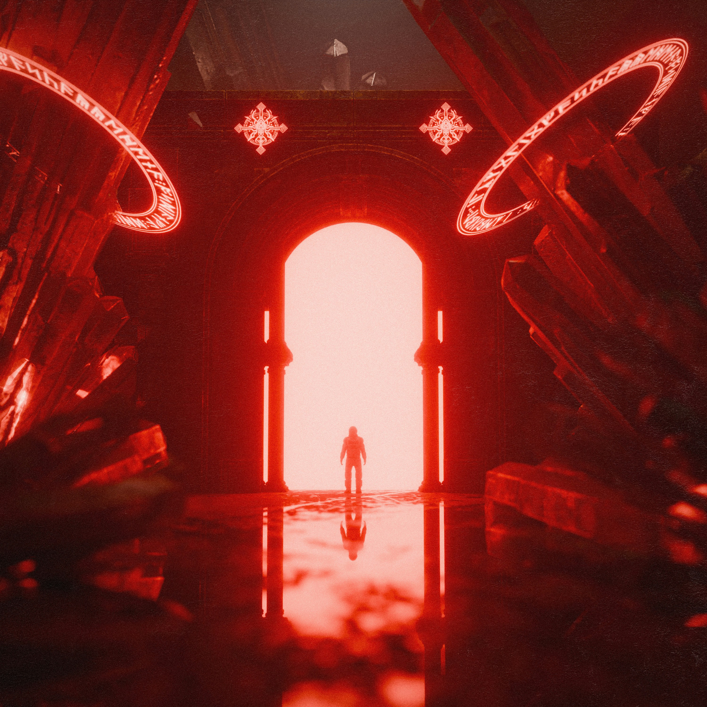 @itsiken.jpg |. Surreal 3D digital artwork featuring a glowing red portal surrounded by crystal structures and futuristic symbols. Dark and atmospheric design, perfect for fantasy worlds, sci-fi inspiration, surreal landscapes, and conceptual environments. Ideal for fans of digital art, 3D renders, and cyberpunk aesthetics.
