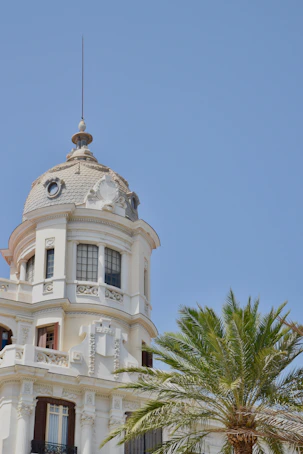 Ornate white building with palm tree against blue sky