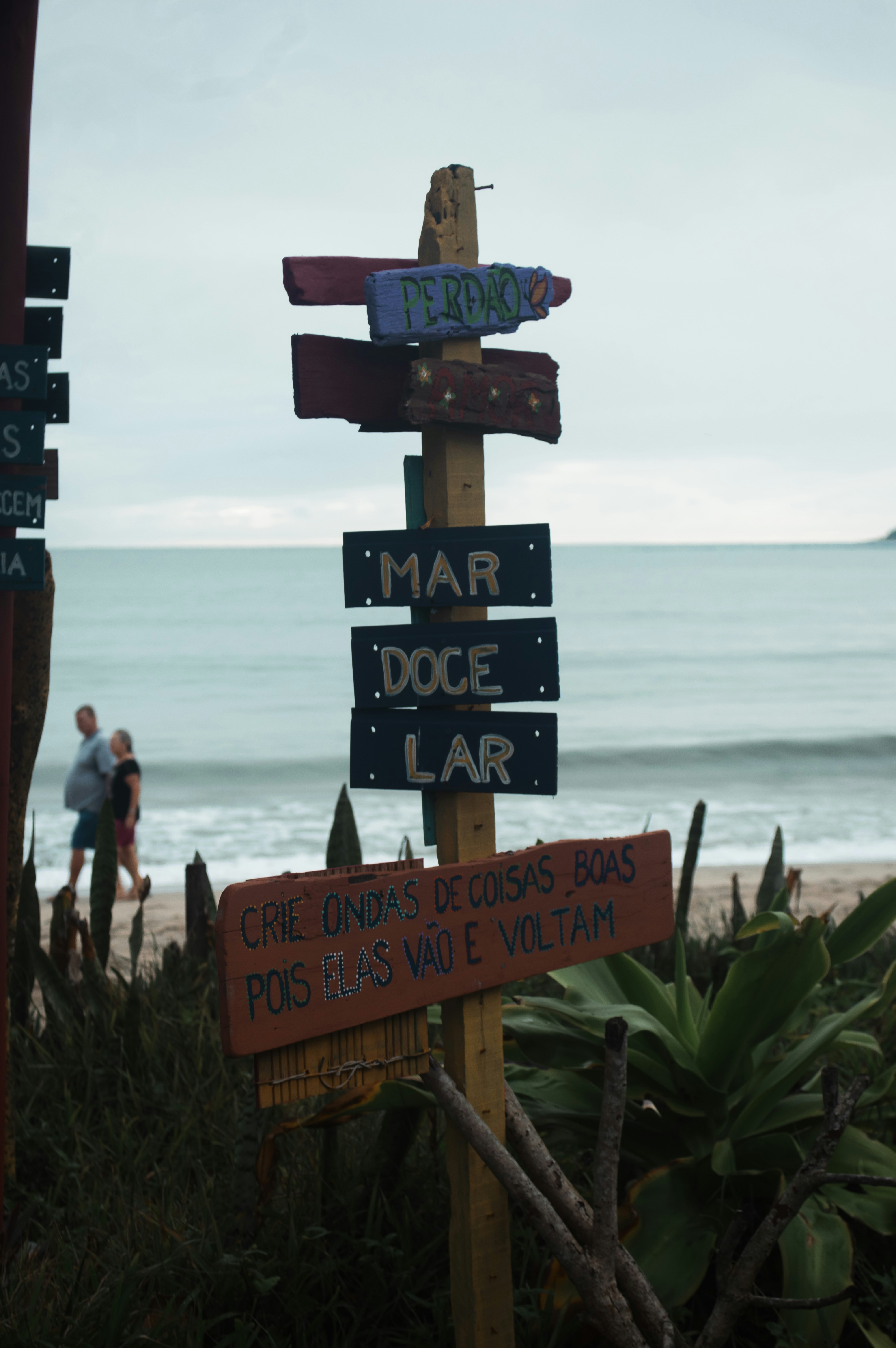 Directional signs on a beach with ocean background