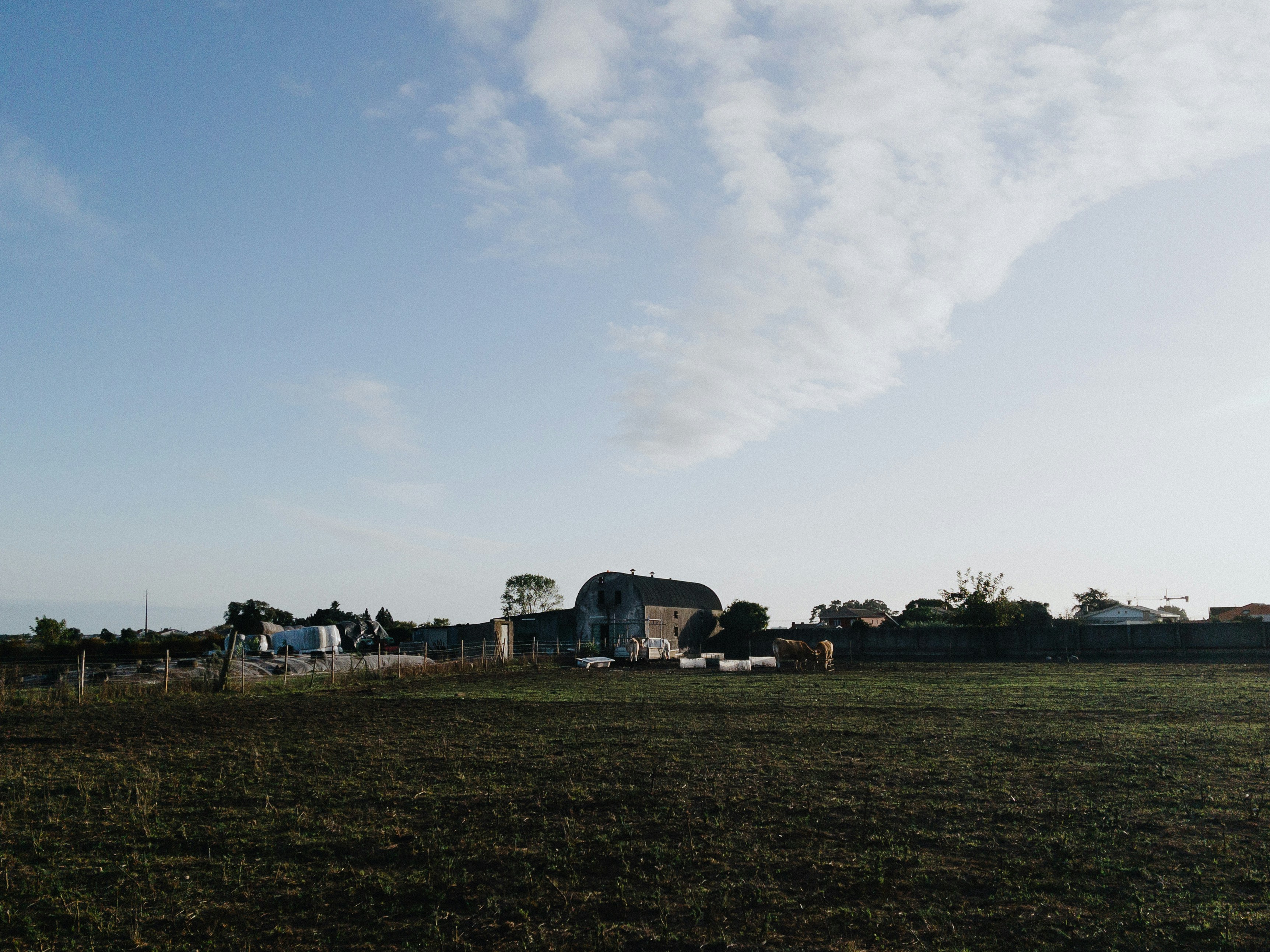 Edifici agricoli sotto un vasto cielo blu con nuvole