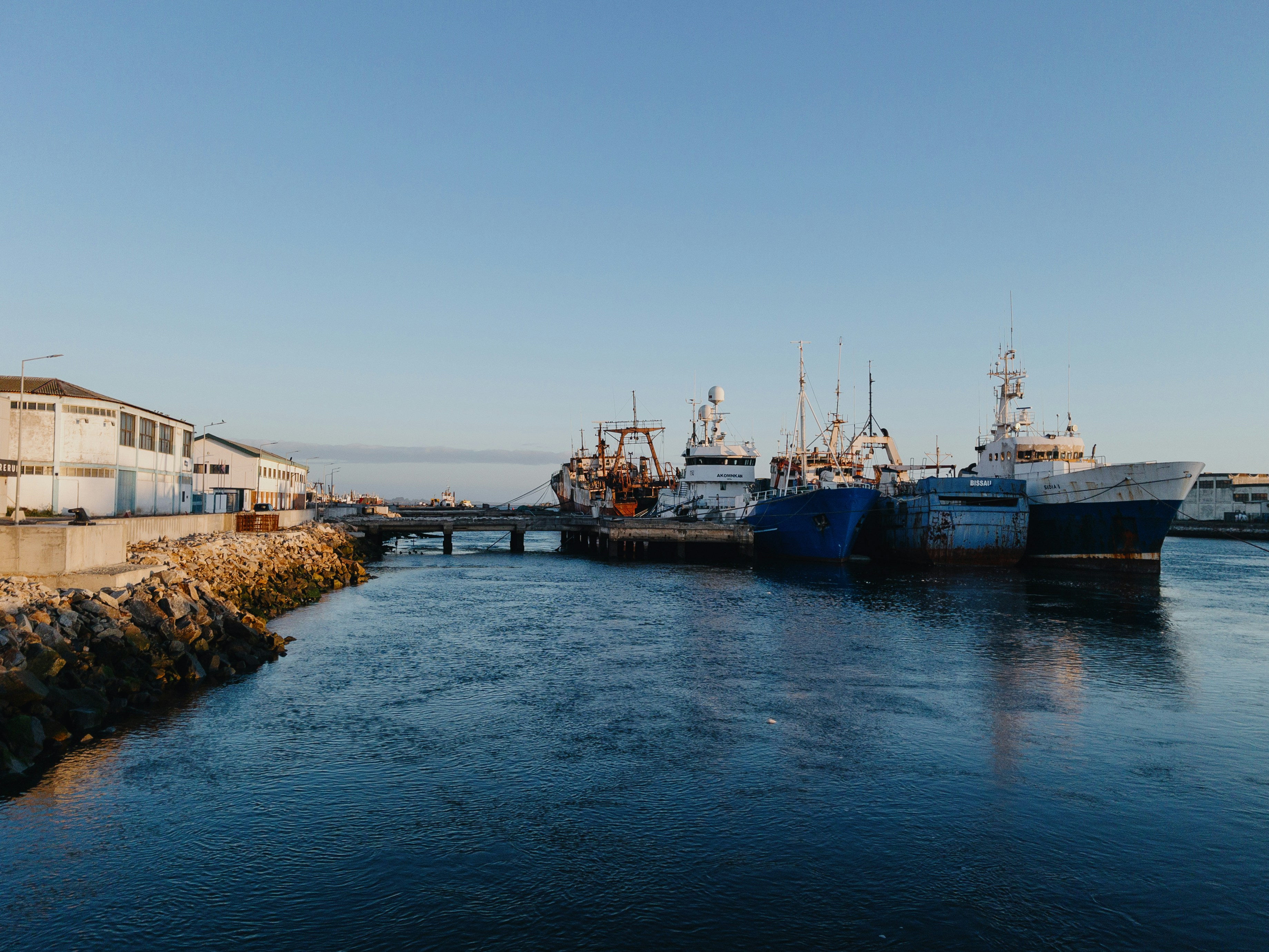 Barche da pesca attraccate in un porto calmo sotto il cielo sereno.
