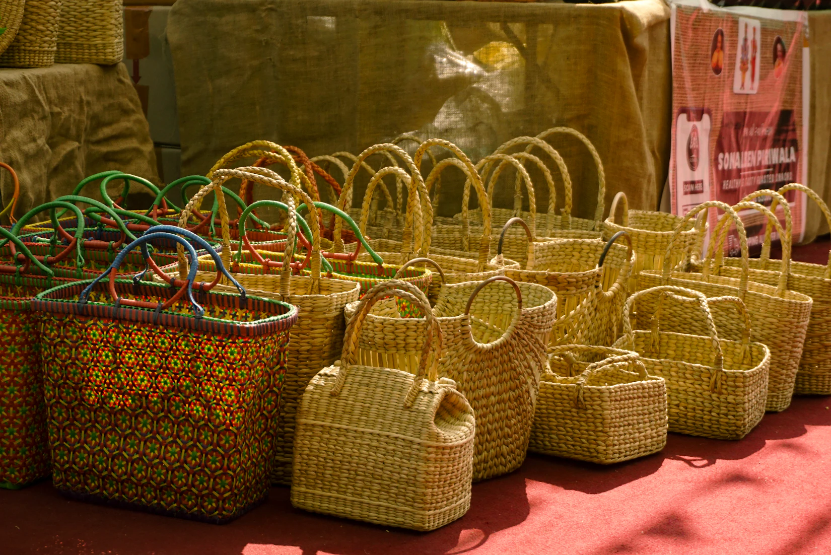 Local crafts market with colorful textiles