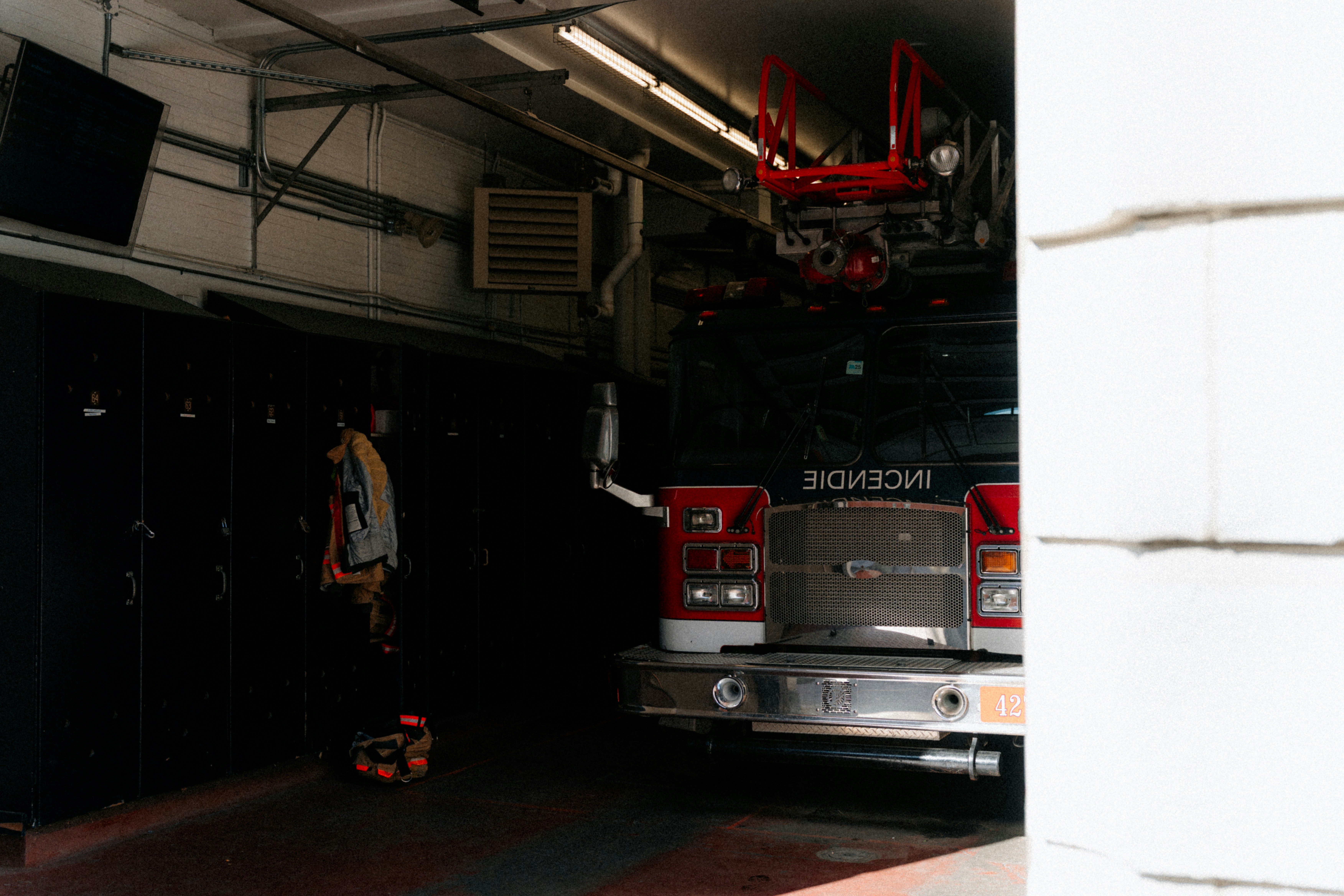 Fire truck parked inside fire station