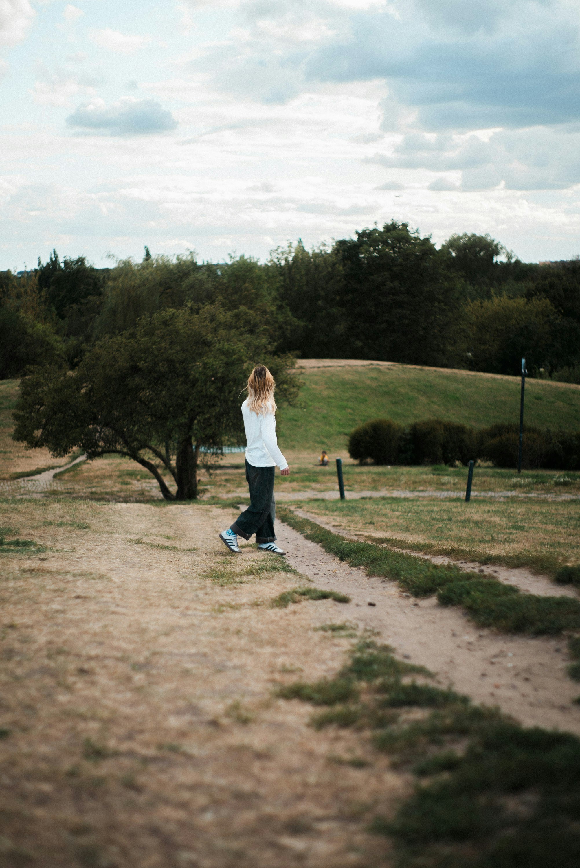 A person walks on a path in a grassy landscape