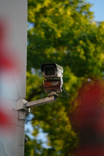 A security camera on a pole among trees, representing the surveillance layer in a comprehensive precious metals security strategy