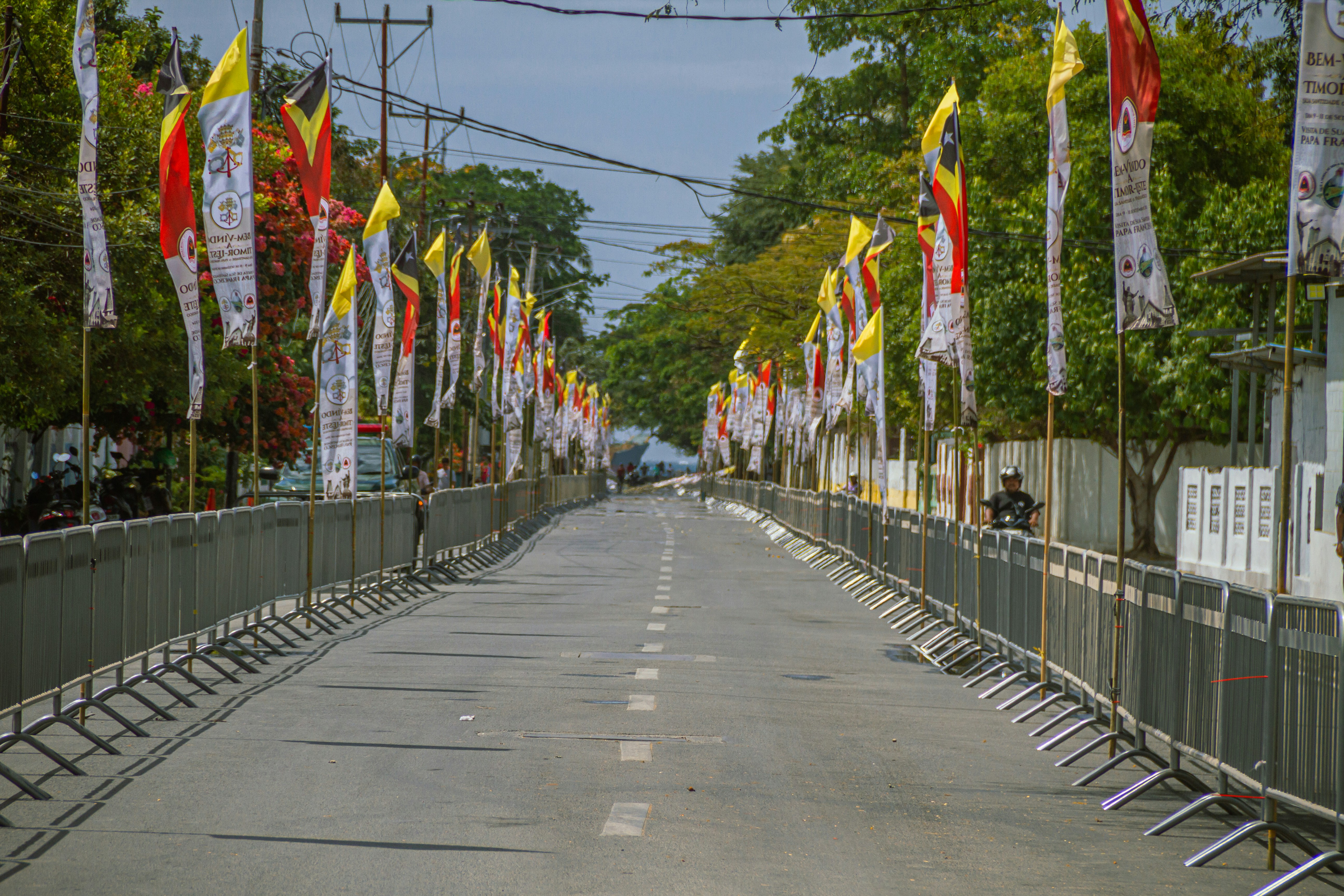 Street lined with flags and barriers for an event