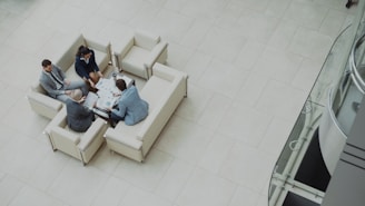 Business meeting around a table on sofas.