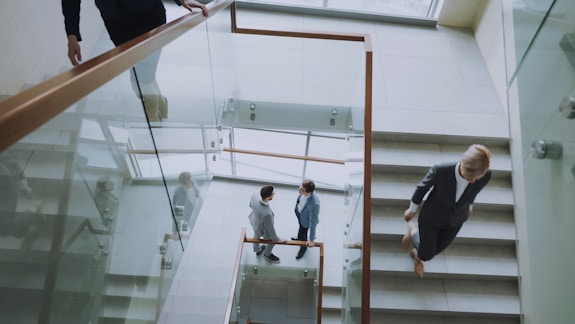 People on a modern multi-level staircase