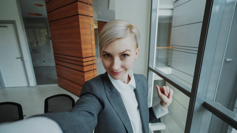 professional woman taking a selfie at work