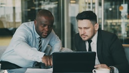 Two men looking at a laptop together
