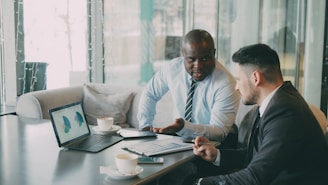 Two businessmen discussing charts on a laptop.
