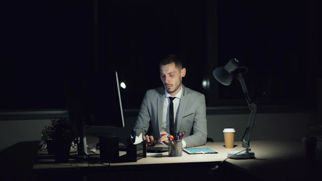 Hombre trabajando hasta tarde con el café al lado