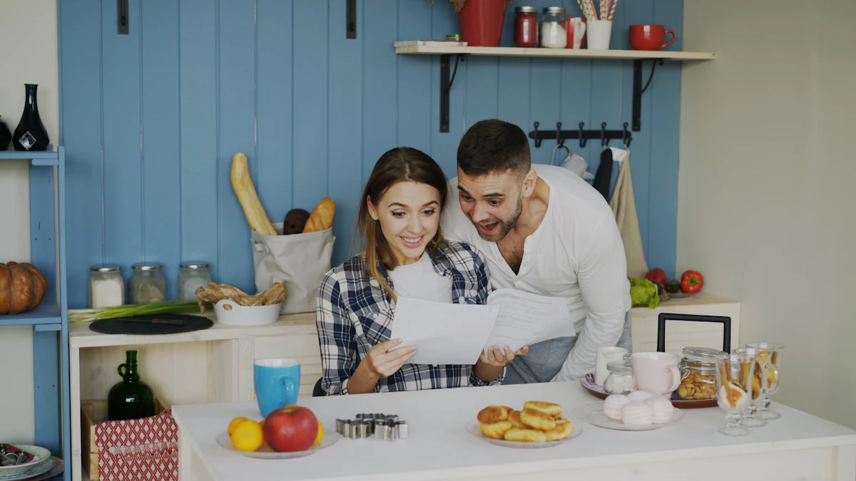 Couple discussing paperwork at home