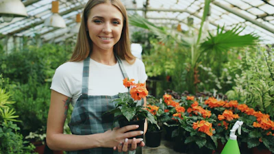A smiling woman holds a potted orange flower in greenhouse.