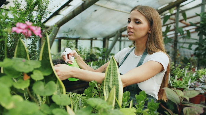 Woman watering plants inside a greenhouse.