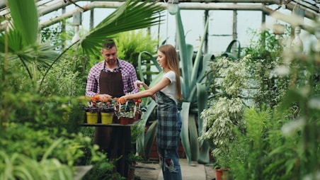 Man and woman tending plants in a greenhouse.