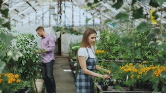 Man and woman tending plants in a greenhouse.