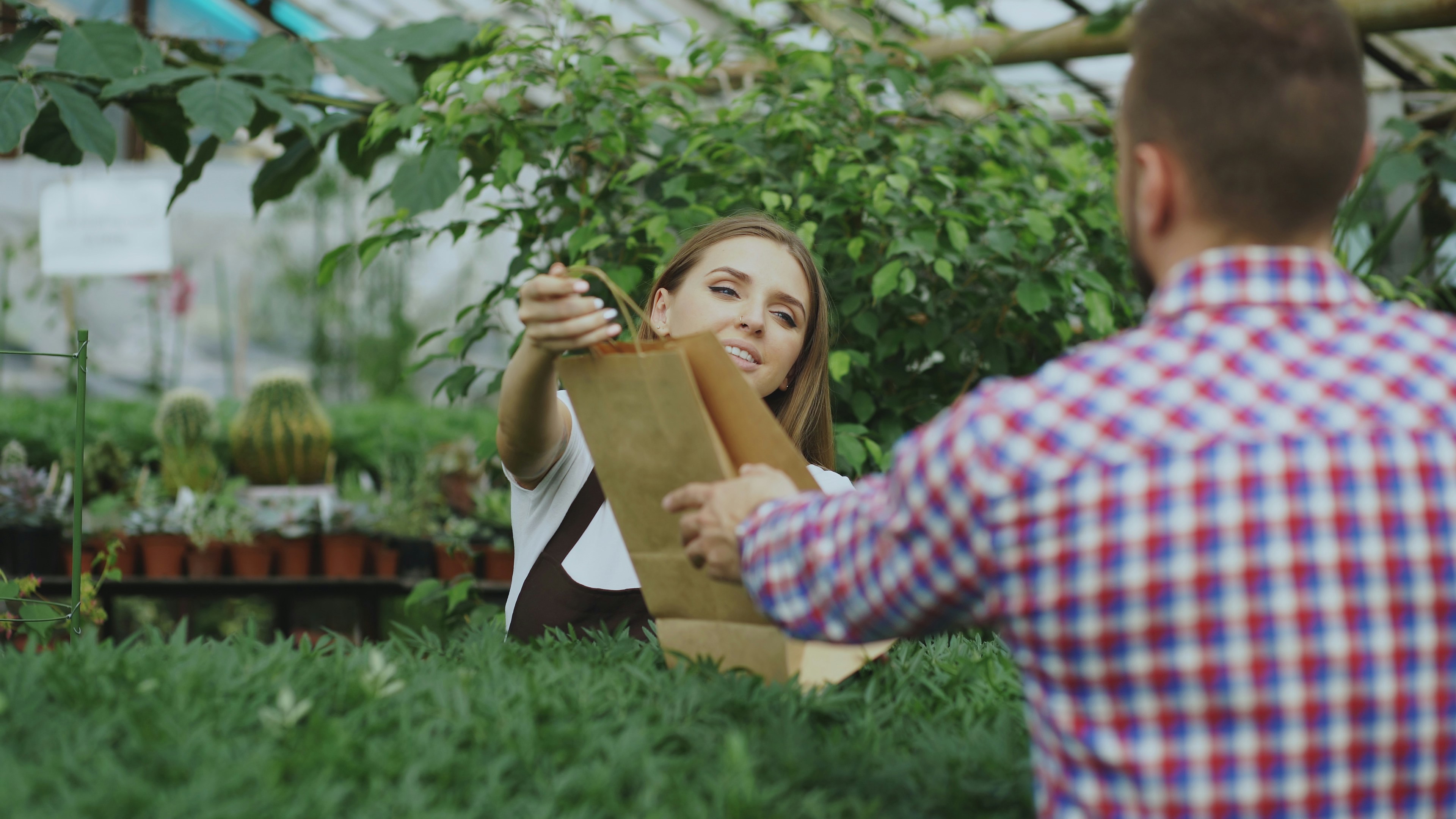 Woman handing paper bag to man in greenhouse