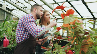 Two people examining plants in a greenhouse