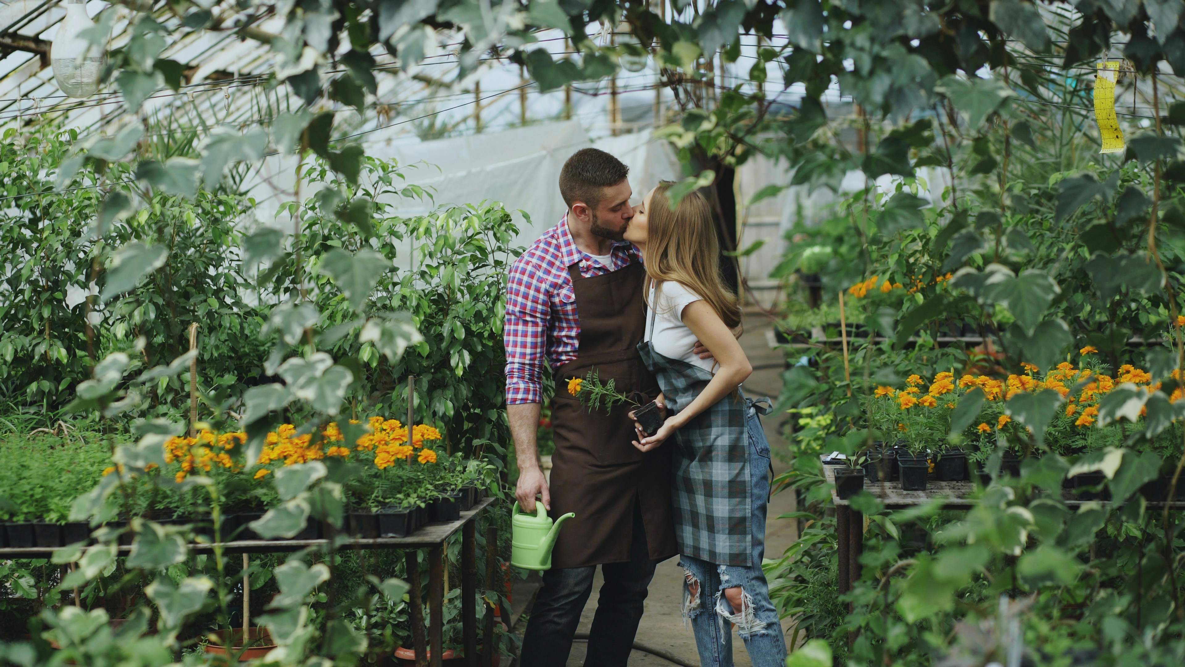 Couple kissing among plants in a greenhouse.