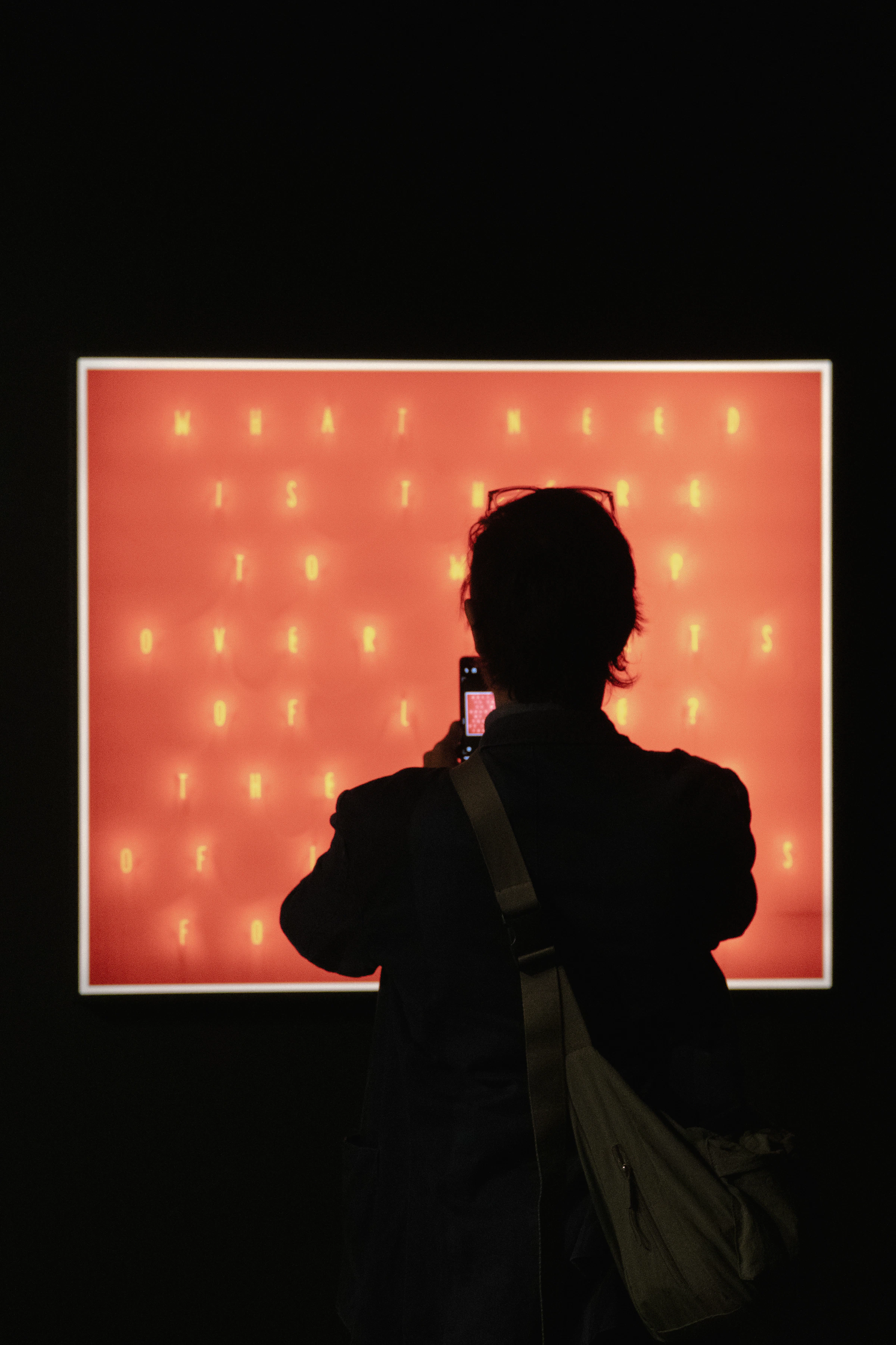 Visitor photographing contemporary artwork with a smartphone