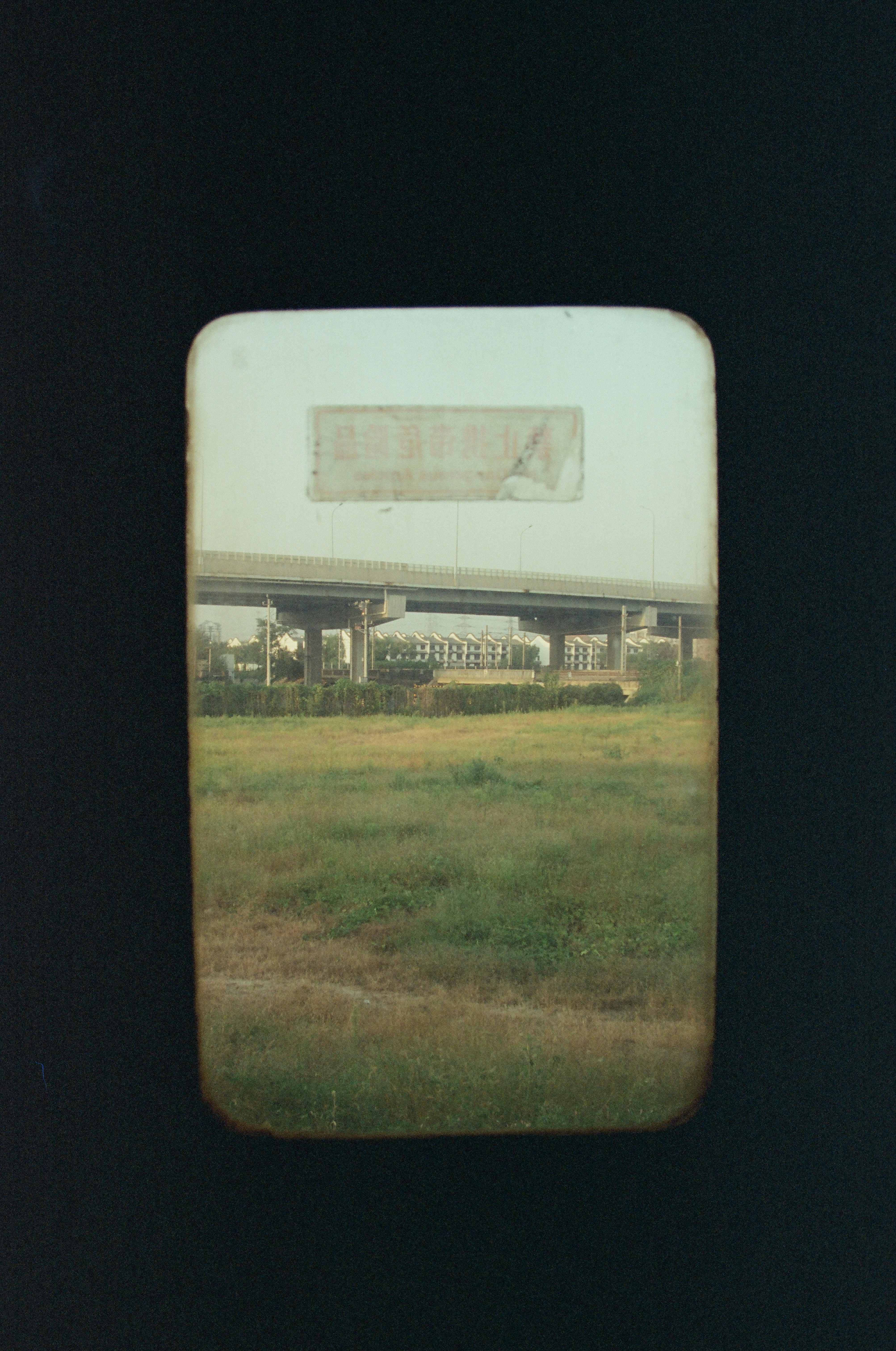 Paso elevado sobre un campo de hierba con edificios