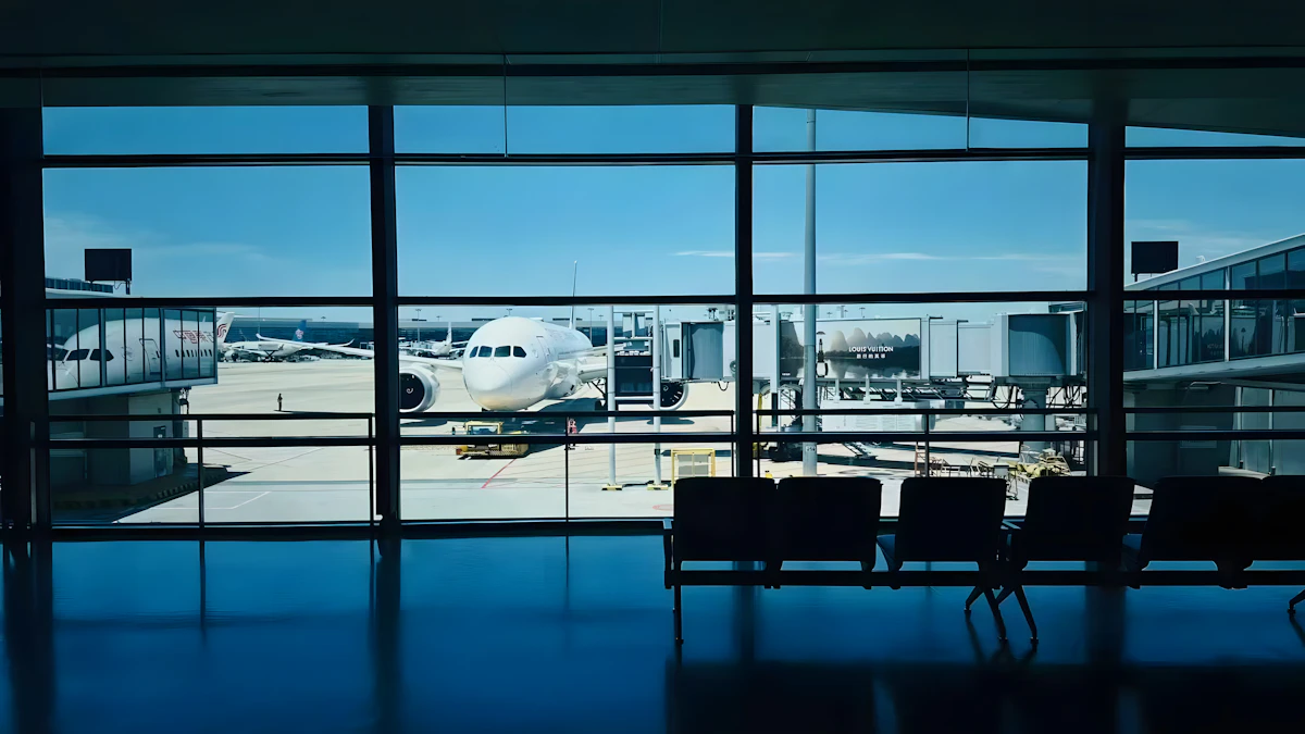 Travellers at a departure gate beside a terminal window