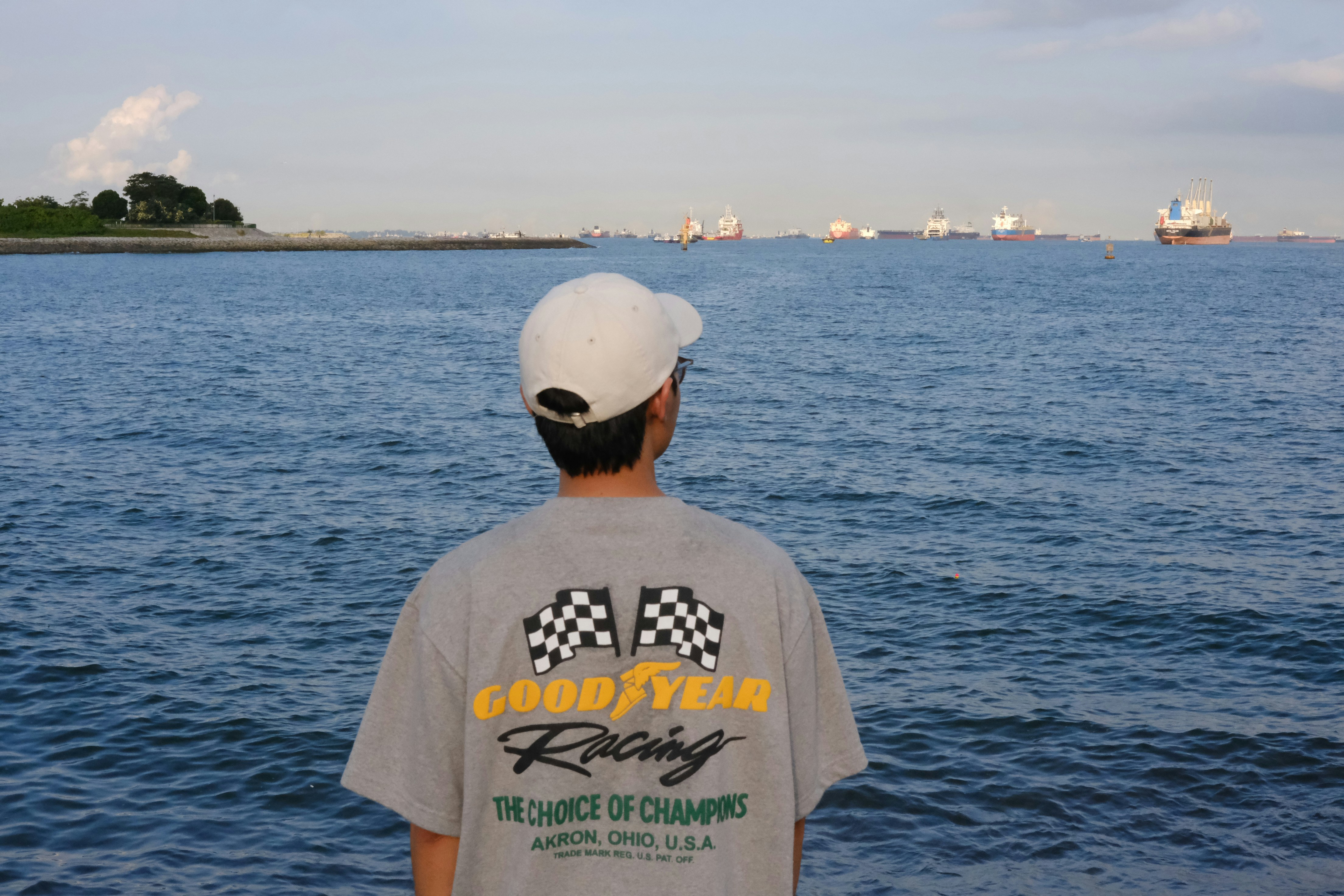 Person in hat looks out at ocean with ships.