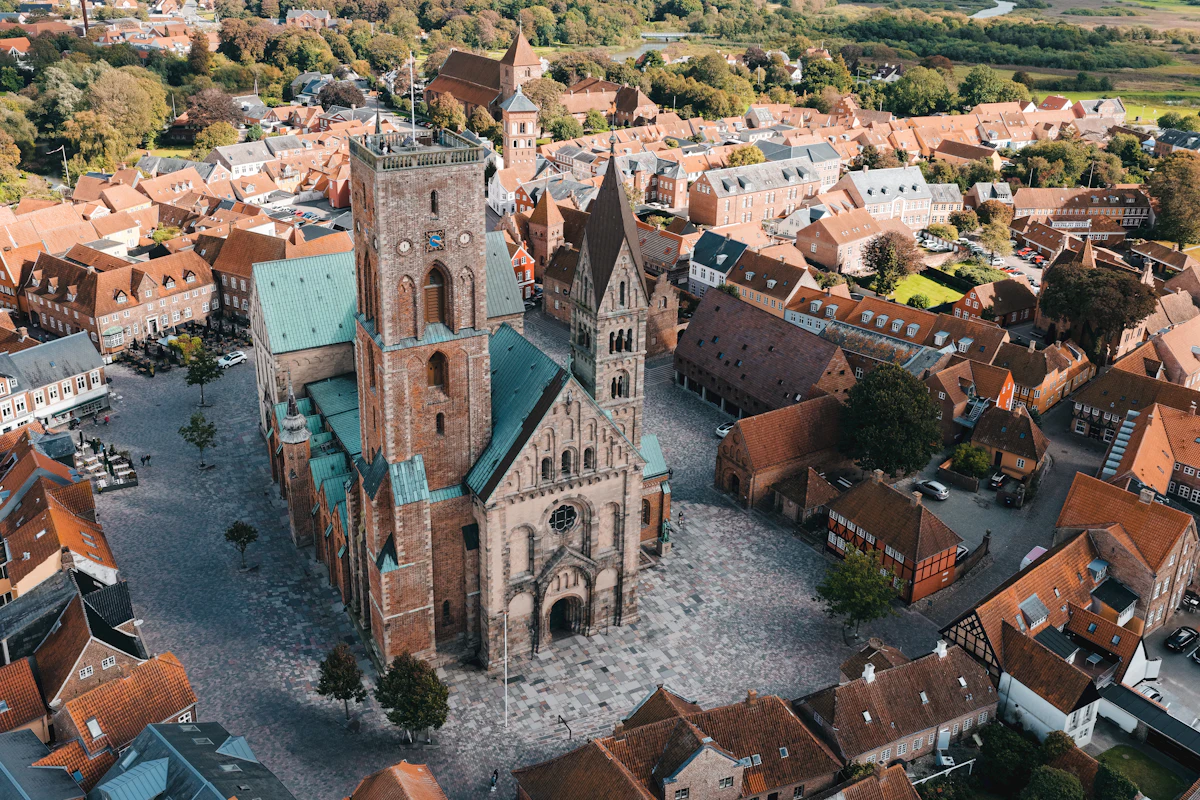 Aerial view of a historic European town square with a cathedral and surrounding rooftops