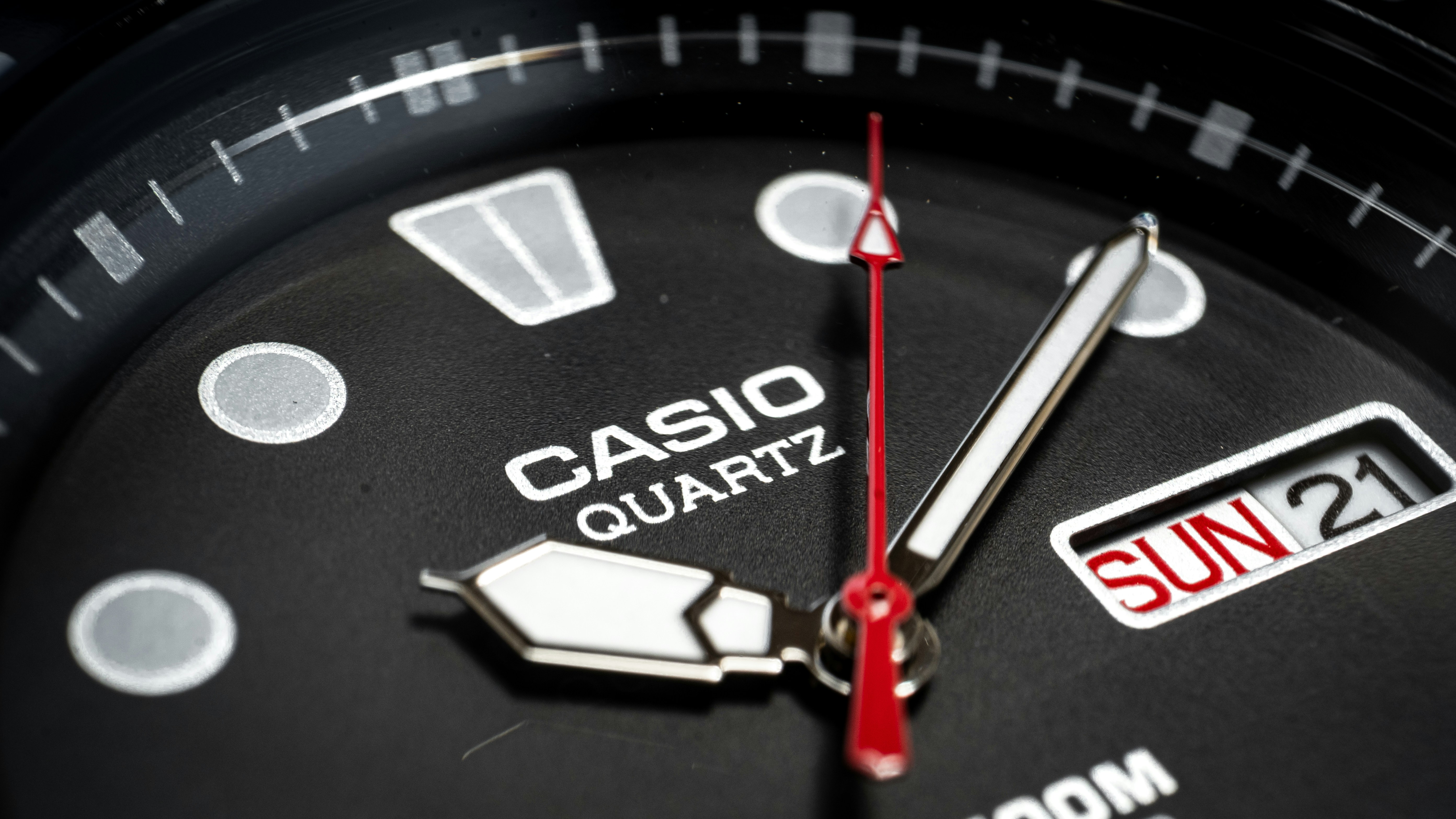 Close-up of a casio quartz watch face.