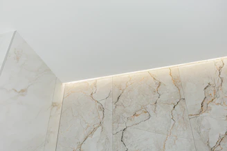 Modern bathroom corner with marble walls and ceiling light.