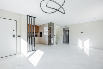 Modern living room with open kitchen and minimalist decor