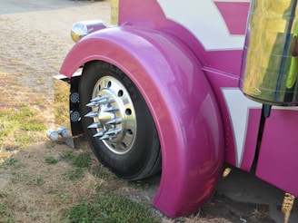 Close-up of a pink truck fender and wheel.
